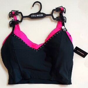 NWT Ladies Steve Madden Black & Pink W/Rhinestones Comfort 2 Pc Bra Set Size L